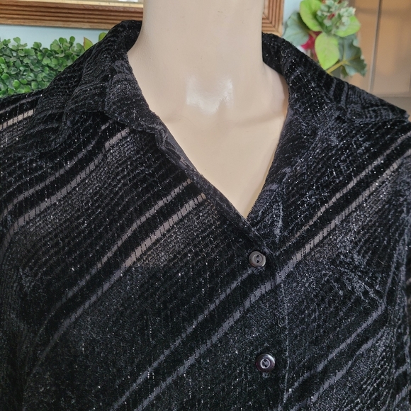 Vintage 90s Y2K Pulli Black Velvet Burnout Stripe Shirt Whimsigoth Goth - Picture 3 of 12